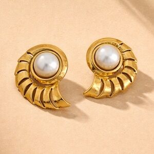 Vintage Shell Pearl Earrings • Gold Sculptural Statement Studs